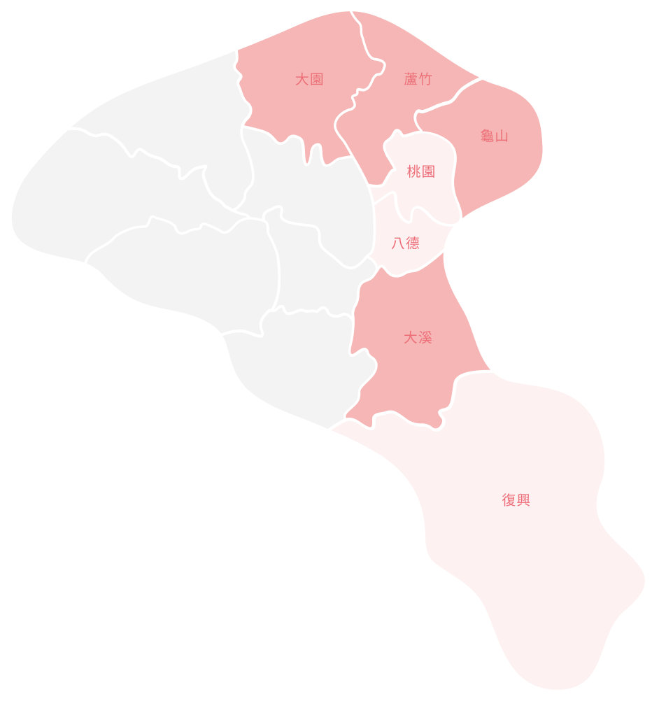 便利站分布示意圖，顯示我們在桃園地區的大園、蘆竹、龜山、大溪等區域設有便利站，方便您就近洽詢